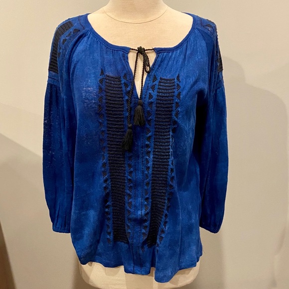 Lucky Brand Tops - LUCKY BRAND Royal Blue Embroidered Peasant Blouse